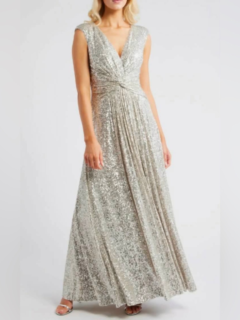 NWT Eliza J twist waist sequins sliver gown size 16 MRSP $228
